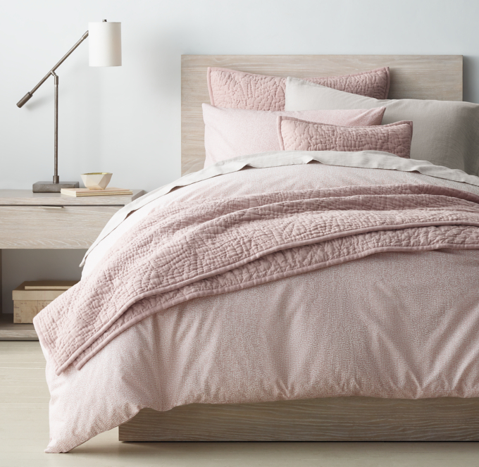 Duvet cover, sham, quilt and quilted sham shown in Dusty Mauve. Sheet set shown in Ash.