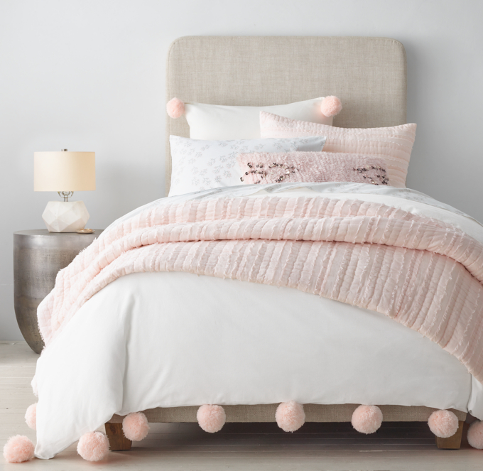 Duvet cover and sham shown in White/Blush. Sheet set, quilt and sham shown in Petal. Pillow cover shown in Blush Chevron.