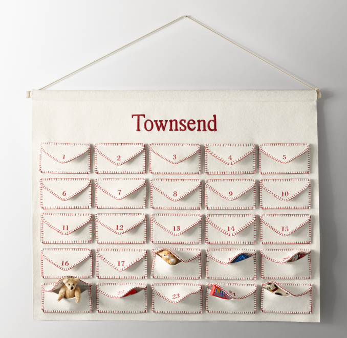 Front view of Wool Felt Envelope Advent Calendar - Ivory/Red 