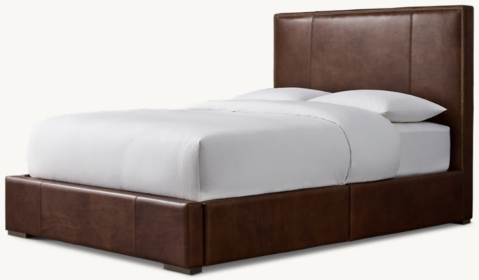 Three Quarter view of Ronson Leather Parsons Storage Bed With Brass Nailheads 