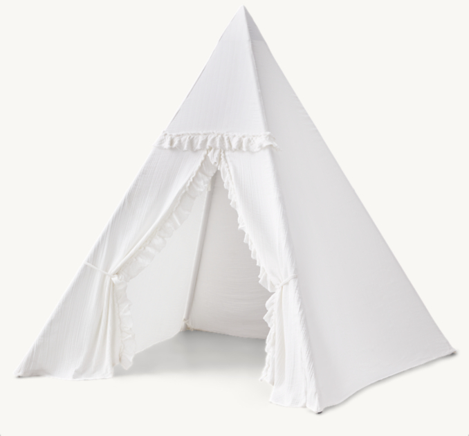 Three Quarter view of Ruffle Cotton Gauze Indoor Play Tent - White 