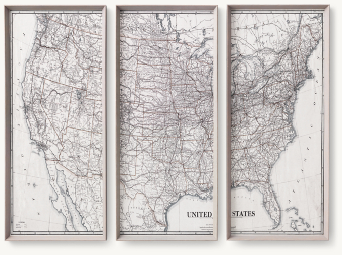 Front view of Vintage Usa Map Triptych Set 
