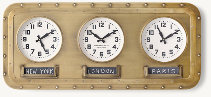 Front view of Vintage Time Zones Clock - Antique Brass 