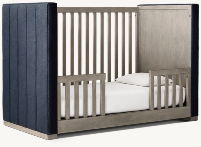 Three Quarter Toddler Bed view of Carver Upholstered Panel Crib - Weathered Driftwood 