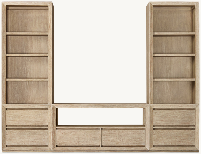 Front view of Callum Media Wall Set With Tall Media Bookcase Towers 