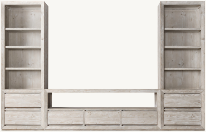 Front view of Callum Wide Media Wall Set With Tall Media Bookcase Towers 