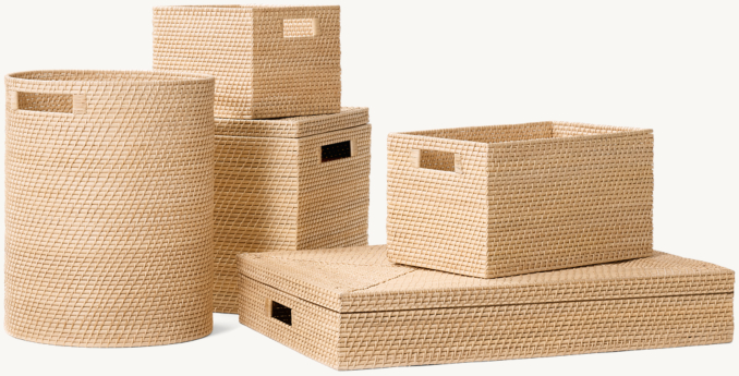 Shown (left-to-right): Hamper, Small Rectangular, Storage Chest, Under Bed and Medium Rectangular Baskets.