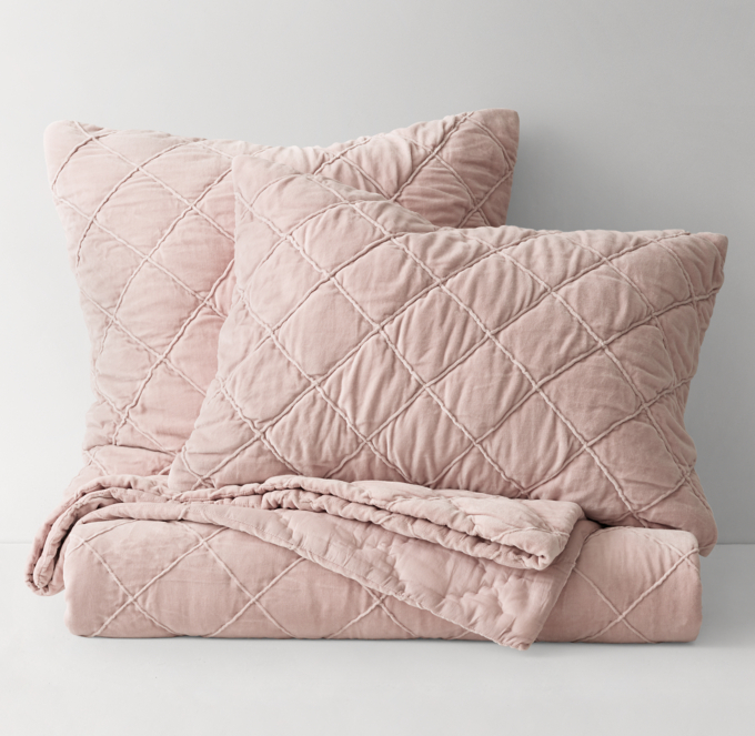 Front Stacked view of Hand-Stitched Washed Velvet Quilt shown in Dusty Rose