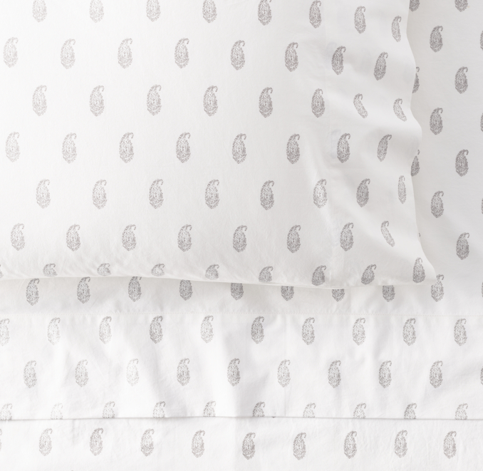 Overhead view of Washed Block Print Paisley Pillowcase shown in Grey