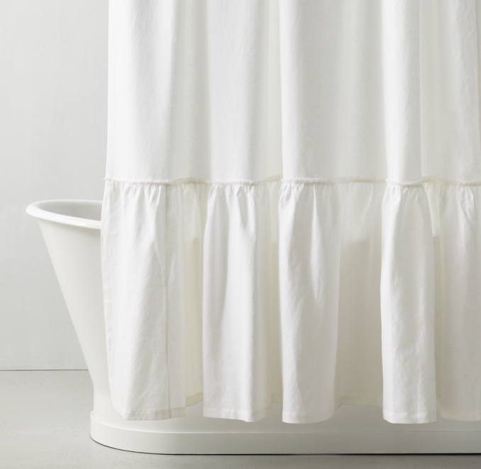 Front view of Gathered Ruffle Trim Linen Shower Curtain shown in White