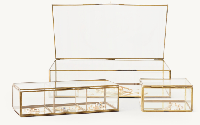 Front view of Mirrored Glass Rectangular Jewelry Box - Brass shown in All 3 Sizes