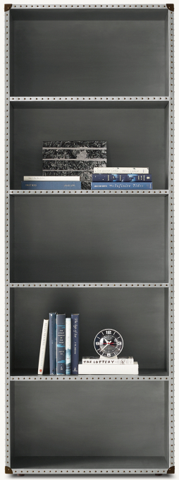 Front view of Riveted Aluminum Trunk Bookcase Tower 