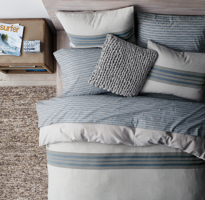 Duvet cover and shams shown in Grey/Blue. Sheet set shown in Blue/Grey. Decorative pillow cover shown in Grey.