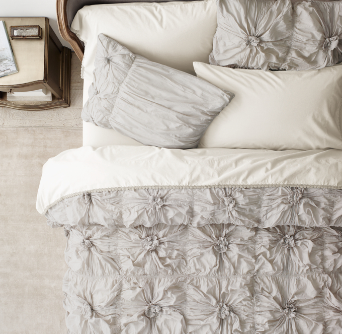 Duvet cover and shams shown in Grey. Sheet set shown in Ivory/Grey.