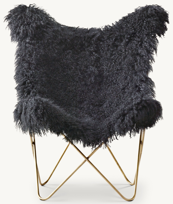 Front view of Tye Black Mongolian Lamb Butterfly Chair - Light Aged Brass 