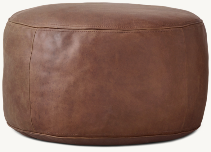 Leather Round Pouf - Dark Brown