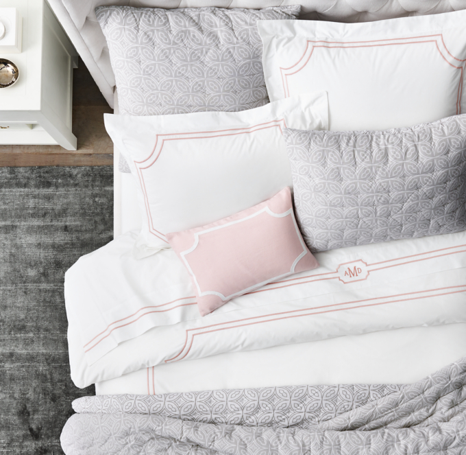 Duvet cover, shams and sheet set shown in Dusty Rose. Quilted shams shown in Grey.