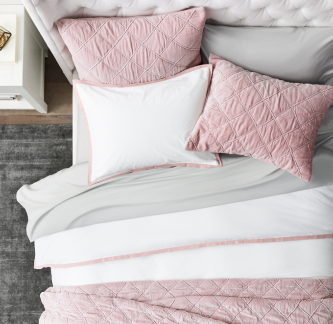 Duvet cover, sham, quilt and quilted sham shown in Dusty Rose. Sheet set shown in Grey.