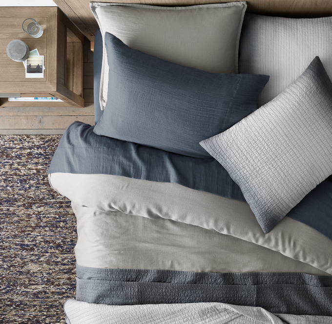 Duvet cover, sham, quilt and quilted shams shown in Grey. Sheet set shown in Midnight.