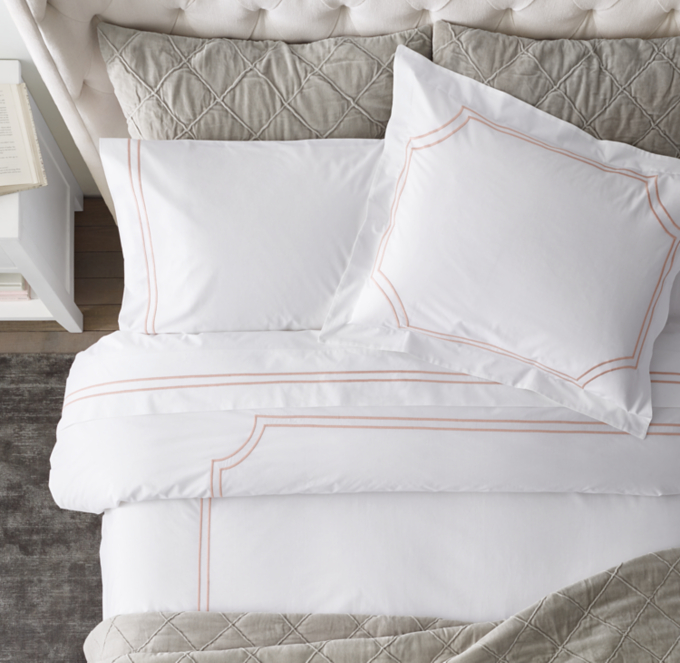 Duvet cover, shams and sheet set shown in Dusty Rose. Quilt and quilted shams shown in Grey.