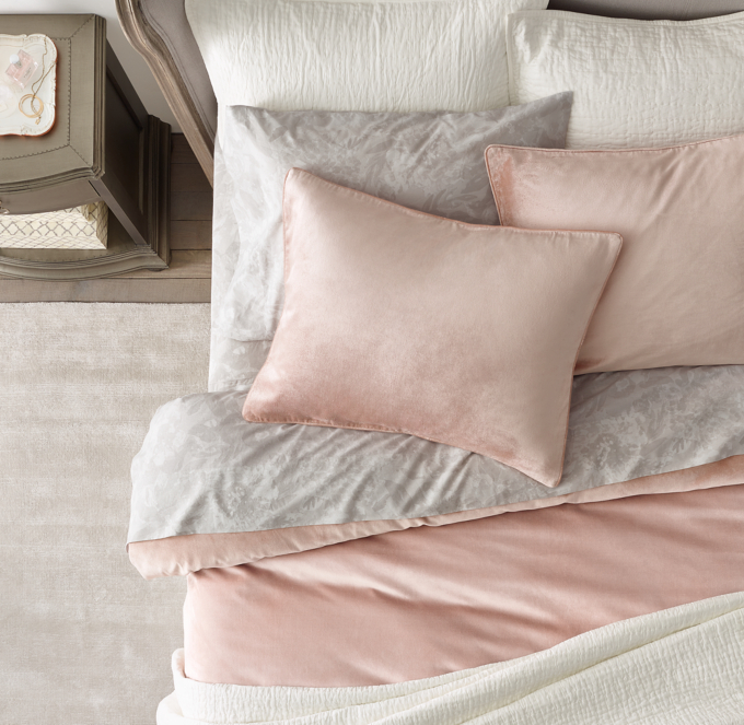 Duvet cover and shams shown in Cameo. Quilt and quilted shams shown in Ivory.