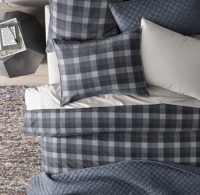 Duvet cover, sham and sheet set shown in Grey. Quilt and quilted sham shown in Indigo.