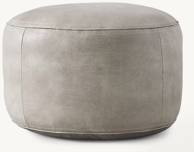 Three Quarter view of Leather Round Pouf - Grey 
