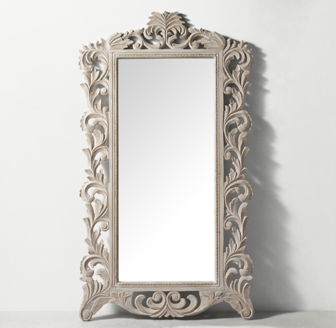 Baroque Carved Wood Leaner Mirror Weathered White RH