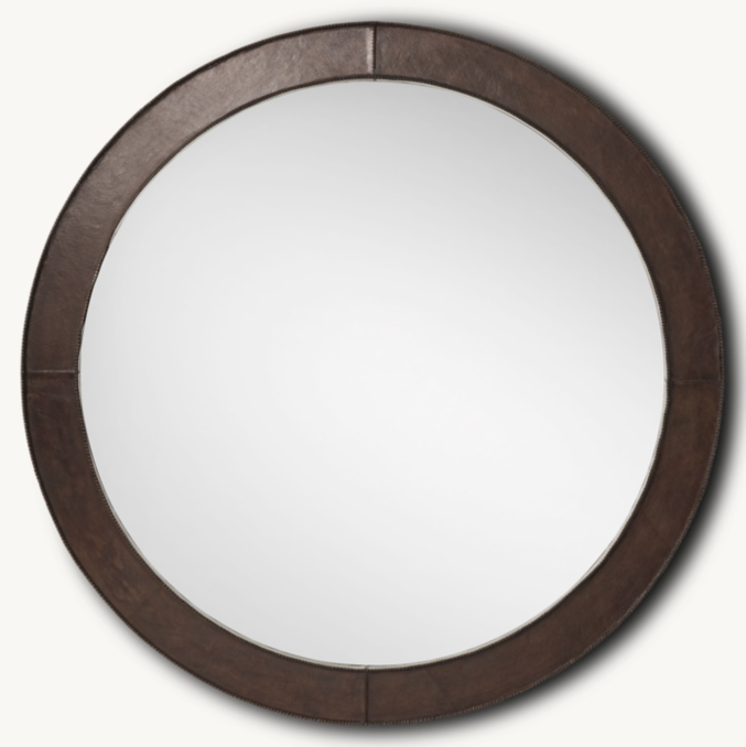 Front view of Stitched Leather Round Mirror - Brown 