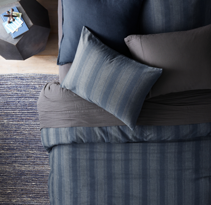 Overhead view of Brushed Organic Cotton Shadowstripe & Washed Cotton Gauze Bedding Collection 