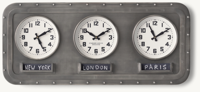 Front view of Vintage Time Zones Clock - Iron 