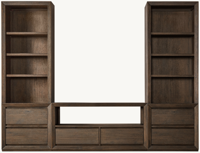 Front view of Callum Media Wall Set With Tall Media Bookcase Towers 
