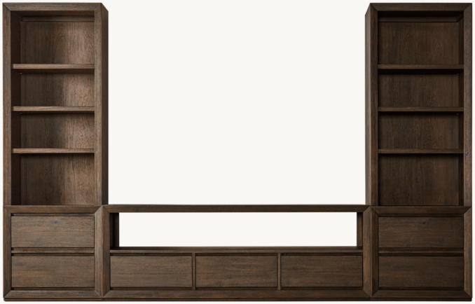 Front view of Callum Wide Media Wall Set With Tall Media Bookcase Towers 