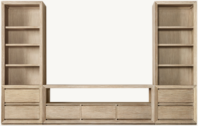 Front view of Callum Wide Media Wall Set With Tall Media Bookcase Towers 