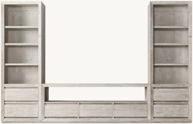 Front view of Callum Wide Media Wall Set With Tall Media Bookcase Towers 